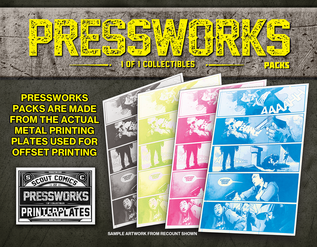 PRESSWORKS - MYSTERY PACKS - 1 OF 1 PRINTER PLATES | Scout Comics PRESSWORKS - MYSTERY PACKS - 1 OF 1 PRINTER PLATES | Scout Comics