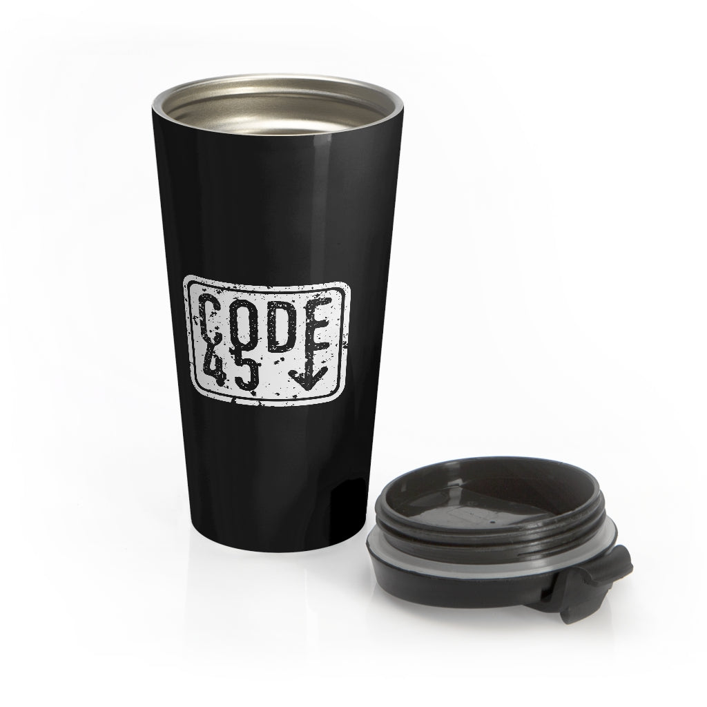 Code 45 (White Logo Design) - Black Stainless Steel Travel Mug
